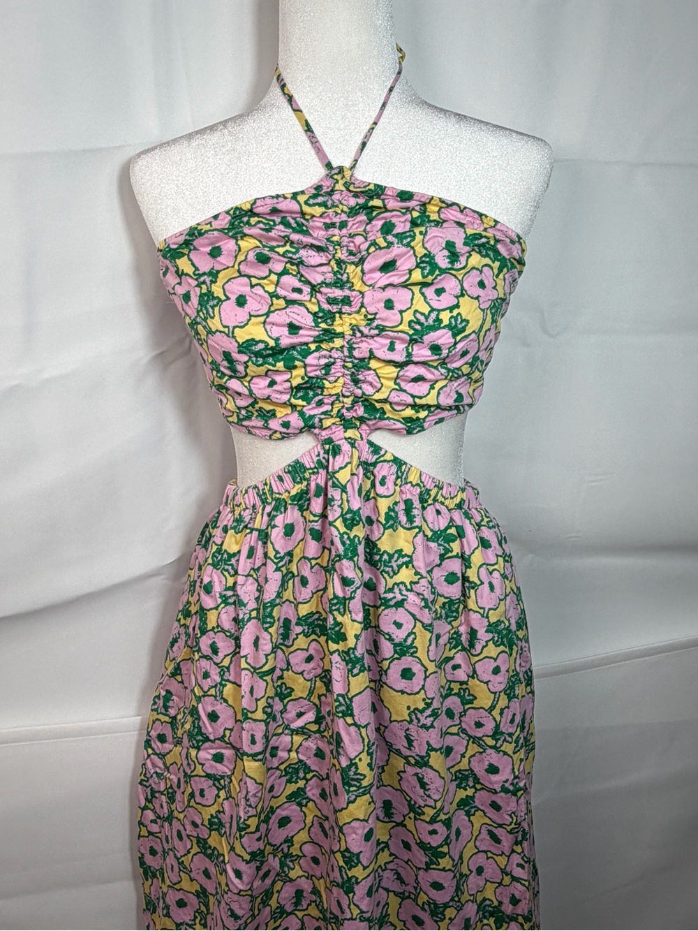 The Drop Floral Cutout Halter Cotton Maxi Dress Yellow Pink Medium Cottagecore
